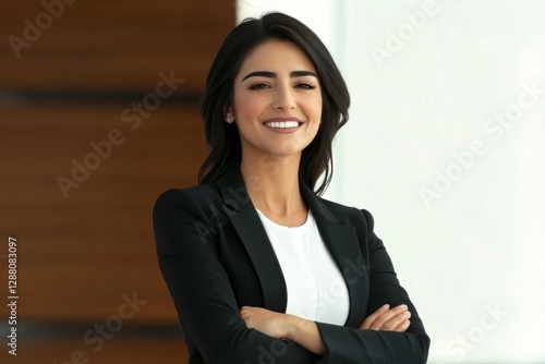 A Middle Eastern female CEO delivering a speech at an international business summit.