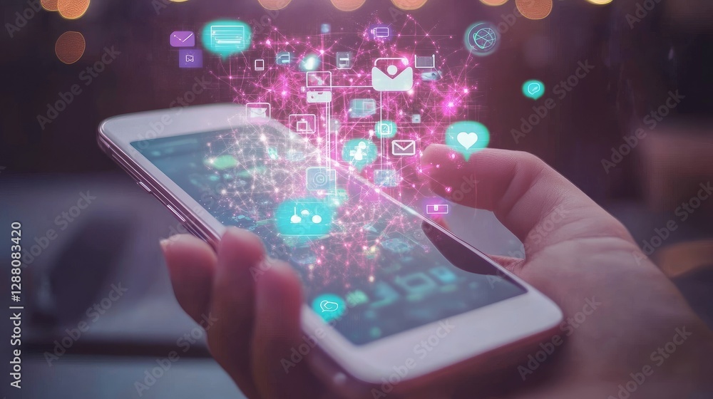 Augmented reality digital communication, smartphone with holographic social networking icons Augmented reality digital communication, smartphone with holographic social networking icons