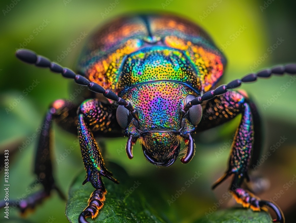Fototapeta premium Colorful beetle displays vibrant iridescence in a lush green garden setting