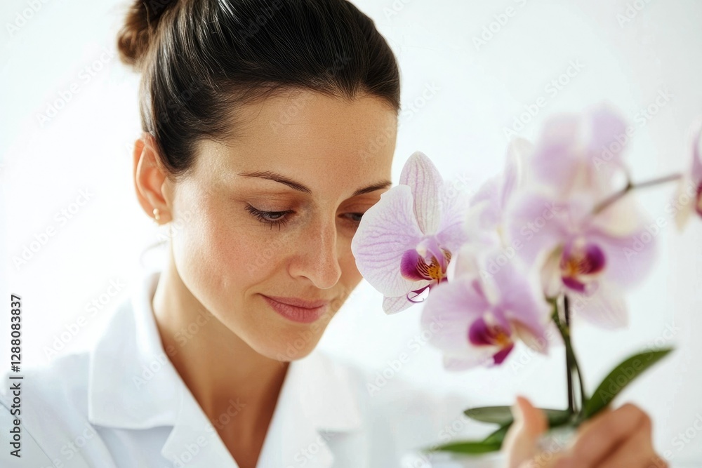 A female scientist carefully examines a beautiful orchid, appreciating its delicate features. A female scientist carefully examines a beautiful orchid, appreciating its delicate features.