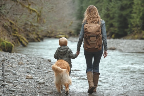 Family adventure by the river with child and golden retriever in a serene wilderness setting photo