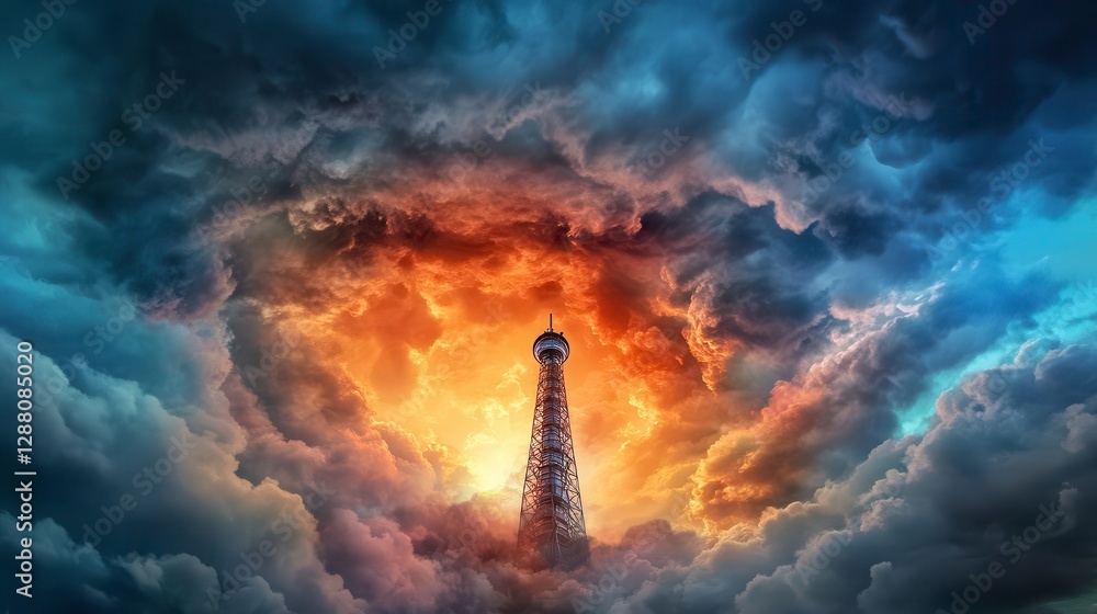 Fototapeta premium Tall Tower Amidst Fiery Storm Clouds