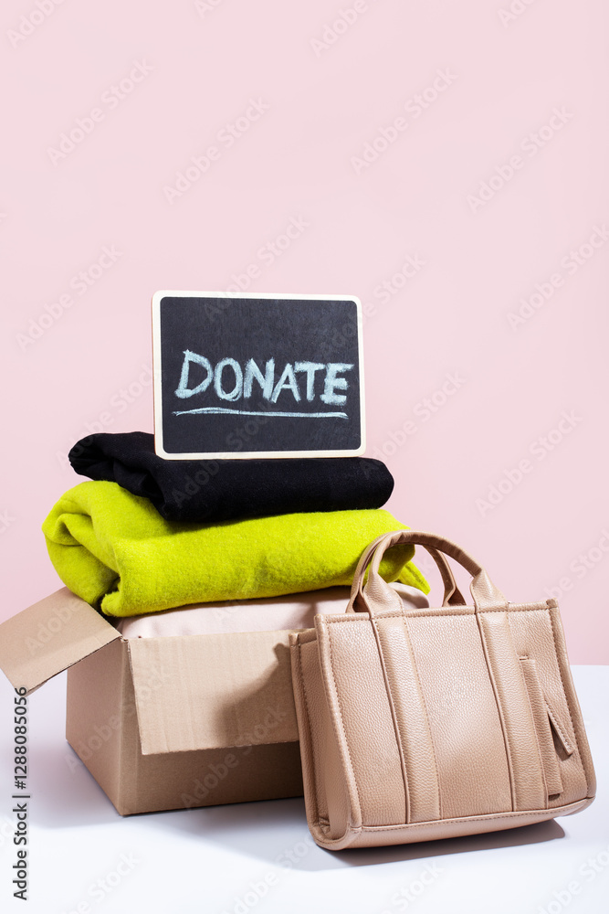 Fototapeta premium Box filled with clothes and handbag, with a Donate sign on a blackboard, against a pink background