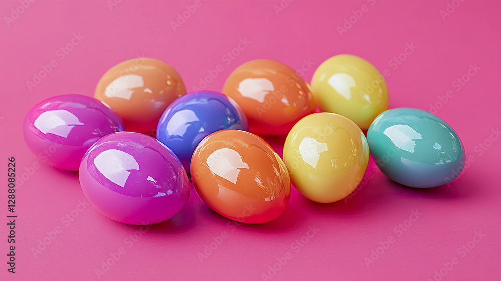 Colorful glossy eggs on pink background create vibrant display Colorful glossy eggs on pink background create vibrant display