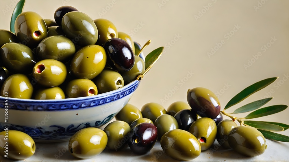 Black and green olives in bowl on table Black and green olives in bowl on table