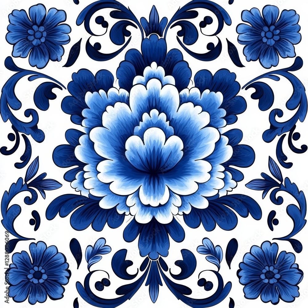 A Mediterranean-inspired porcelain pottery piece, adorned with navy blue floral ornaments in the talavera style, is isolated on a white background, reflecting Italian, Portuguese, and Spanish A Mediterranean-inspired porcelain pottery piece, adorned with navy blue floral ornaments in the talavera style, is isolated on a white background, reflecting Italian, Portuguese, and Spanish