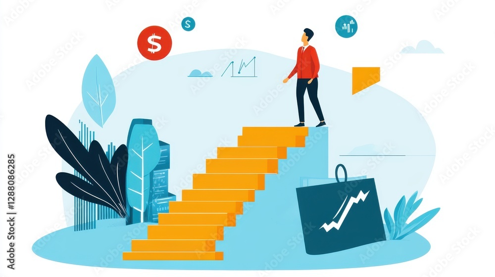 A person walks up yellow stairs surrounded by plants, symbols of success, and a briefcase, representing growth and ambition. A person walks up yellow stairs surrounded by plants, symbols of success, and a briefcase, representing growth and ambition.