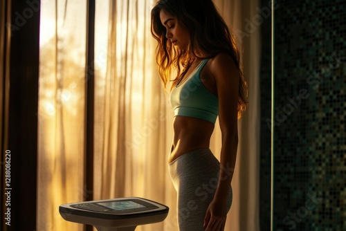 A woman in sportswear stands on a smart scale, checking her body composition in the golden morning light.