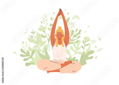 Mental health concept with meditates woman. Young girl doing breathing exercise, takes care of her mental well-being. Awareness, mindfulness and No stress. For flyer, banner, social media post, ads