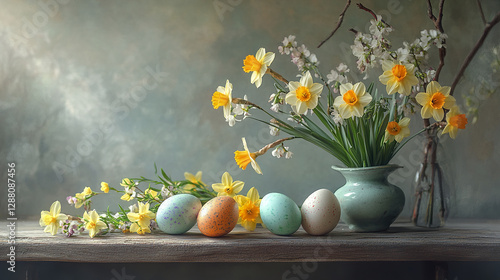 Wallpaper Mural serene Easter morning still life with colorful eggs and daffodils Torontodigital.ca