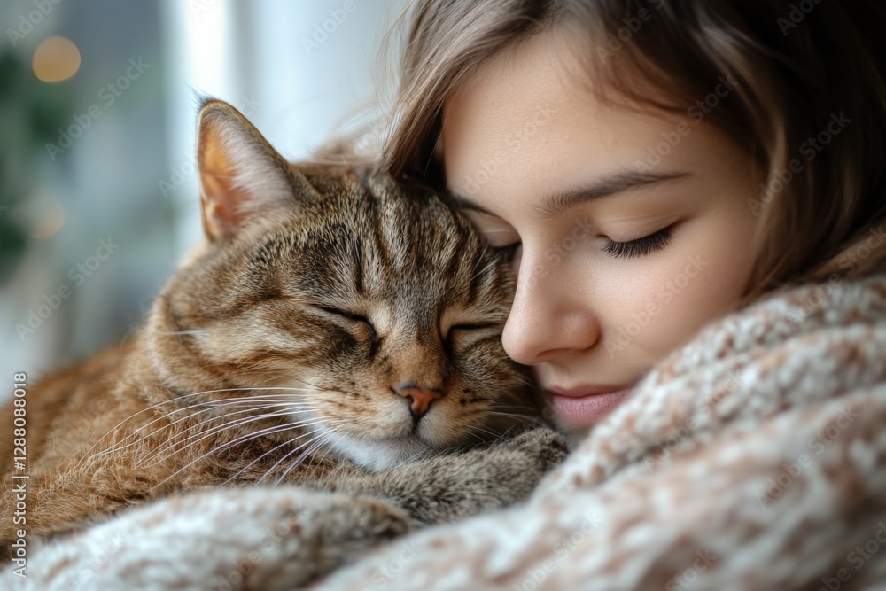 Young girl cuddles a content tabby cat on a cozy day indoors embracing warmth and companionship Young girl cuddles a content tabby cat on a cozy day indoors embracing warmth and companionship