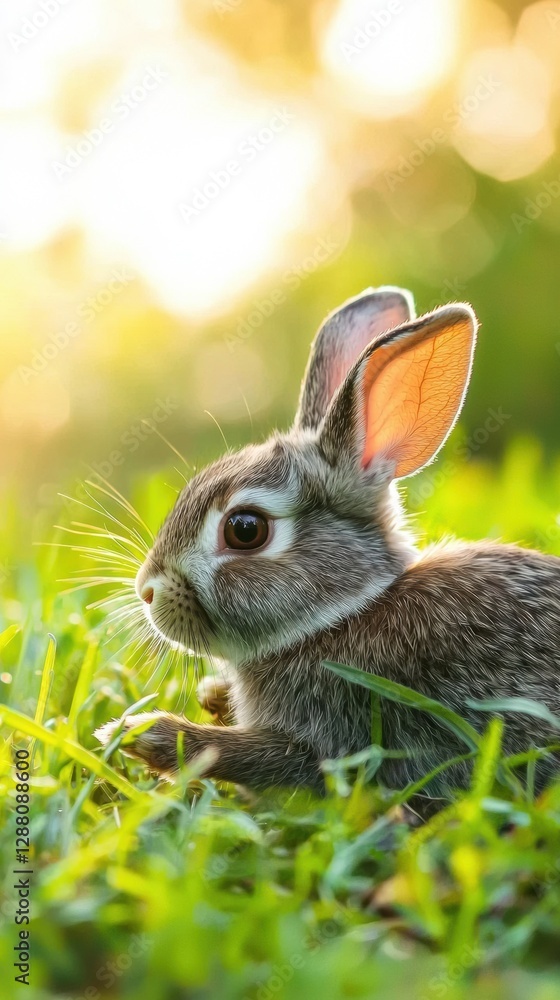Fototapeta premium Adorable fluffy rabbit resting on vibrant green grass under warm sunlight, showcasing its cute features and playful demeanor, perfect for pet lovers, animal photography concept