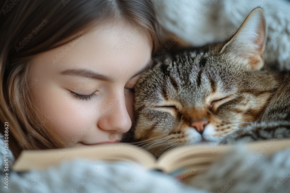 Cozy moment shared between a girl and her cat while reading a book in a warm blanket during a rainy afternoon Cozy moment shared between a girl and her cat while reading a book in a warm blanket during a rainy afternoon