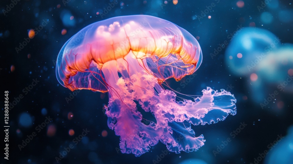 Colorful jellyfish swimming gracefully in deep ocean water at night Colorful jellyfish swimming gracefully in deep ocean water at night