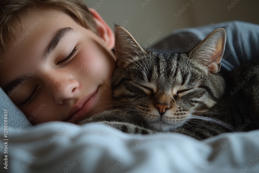 Boy peacefully sleeping next to a cuddled cat in a cozy, soft bed during a quiet afternoon Boy peacefully sleeping next to a cuddled cat in a cozy, soft bed during a quiet afternoon