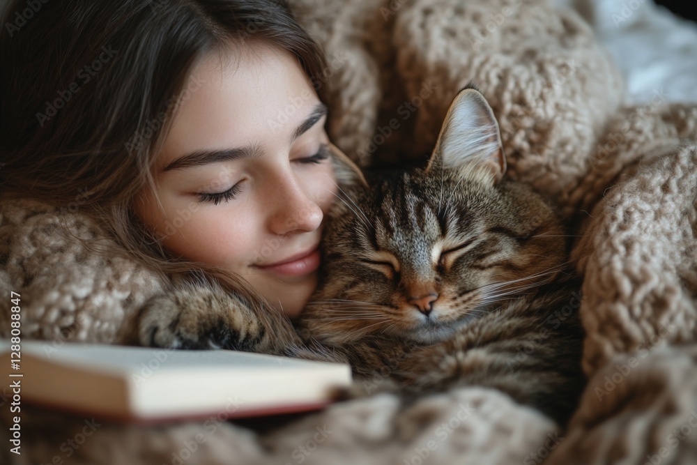 Cozy afternoon spent reading with a cat in a warm blanket during a quiet winter day Cozy afternoon spent reading with a cat in a warm blanket during a quiet winter day