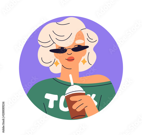 Woman in sunglasses, face avatar. Young female holding cold drink, coffee in ...