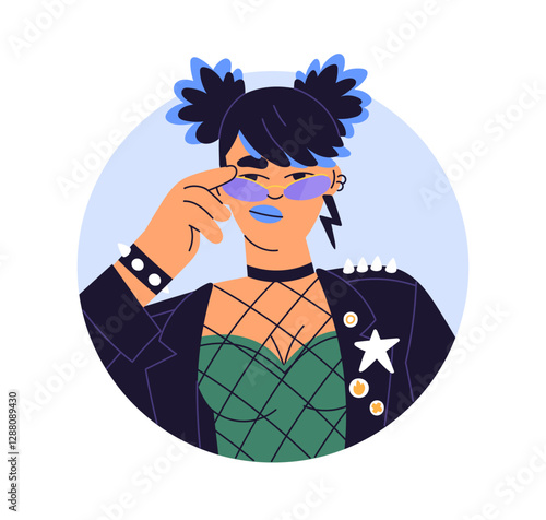 Girl portrait. Young woman avatar, looking from behind sunglasses, pigtails hairstyle, leather jacket. Female in punk rock style, user profile. Flat vector illustration isolated on white background