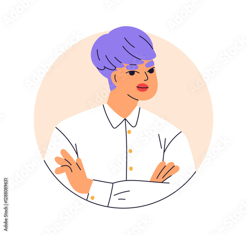 Modern young woman portrait. Trendy style female character, circle avatar. Gi...