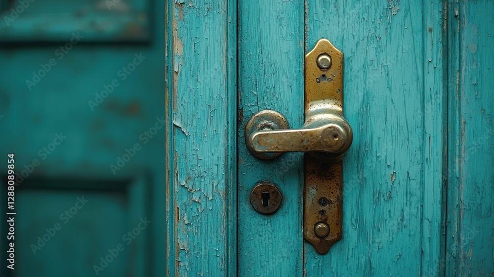 Fototapeta premium Teal door opening, brass handle, weathered wood, keyhole, blurry background