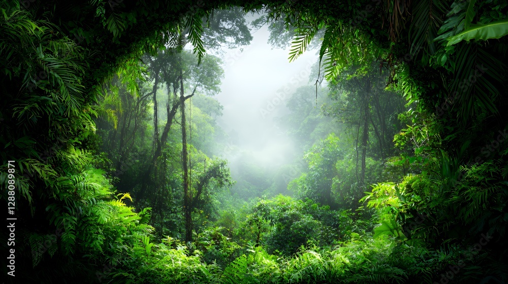 Obraz premium Lush Green Rainforest Landscape with Fog and Sunlight