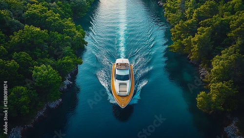 Wallpaper Mural Luxurious Motor Yacht Navigates a Picturesque Coastal Channel Torontodigital.ca