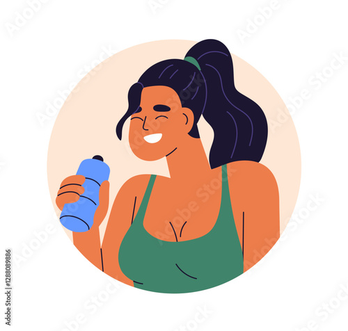 Happy woman with water bottle, head portrait. Sport avatar, fitness instructor, gym trainer smiling, laughing. Young healthy girl, user profile. Flat vector illustration isolated on white background