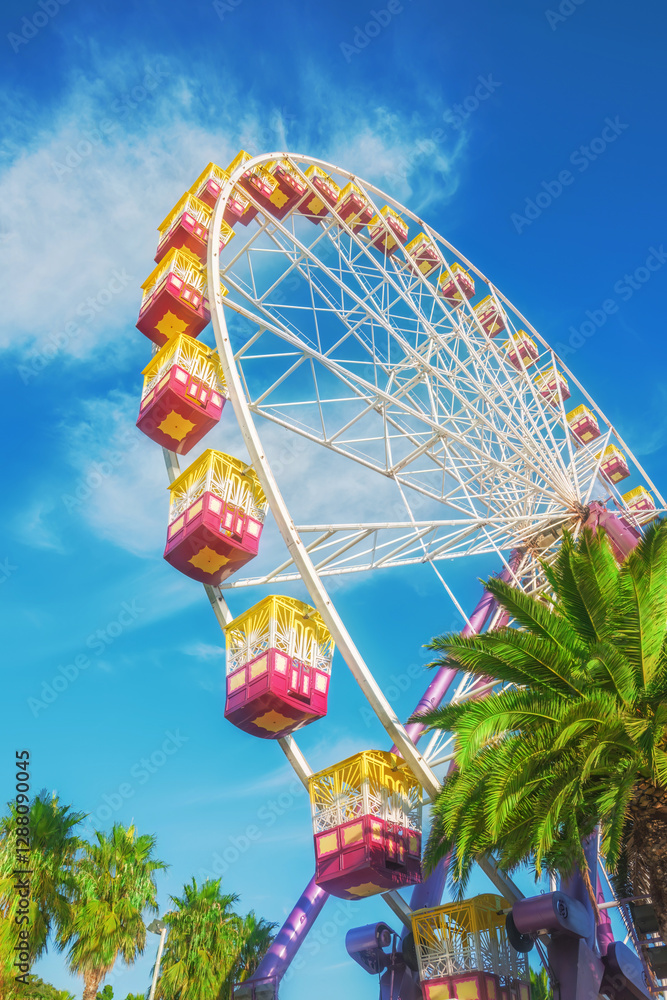 Fototapeta premium A tall Ferris wheel and palm trees on a sunny day