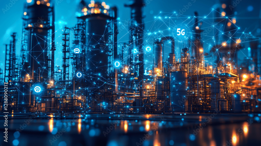 Fototapeta premium Industrial facility with smart technology integration at dusk showcasing interconnected systems and digital advancements