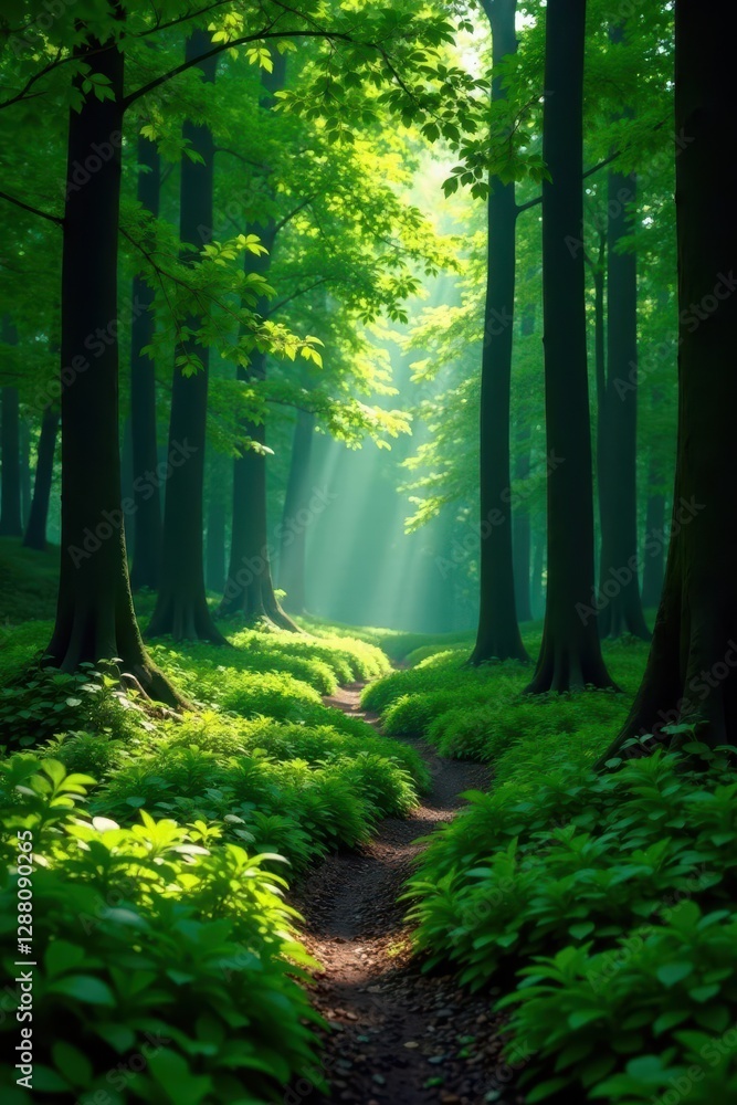 Obraz premium Evergreen foliage carpeting a winding forest path, nature, rampicante