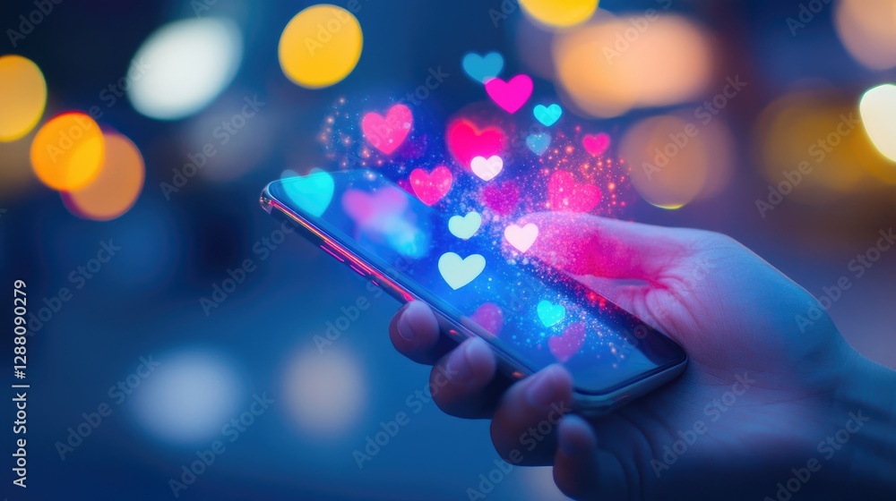 © Sampao - Digital engagement and futuristic communication, smartphone screen projecting bright social media symbols