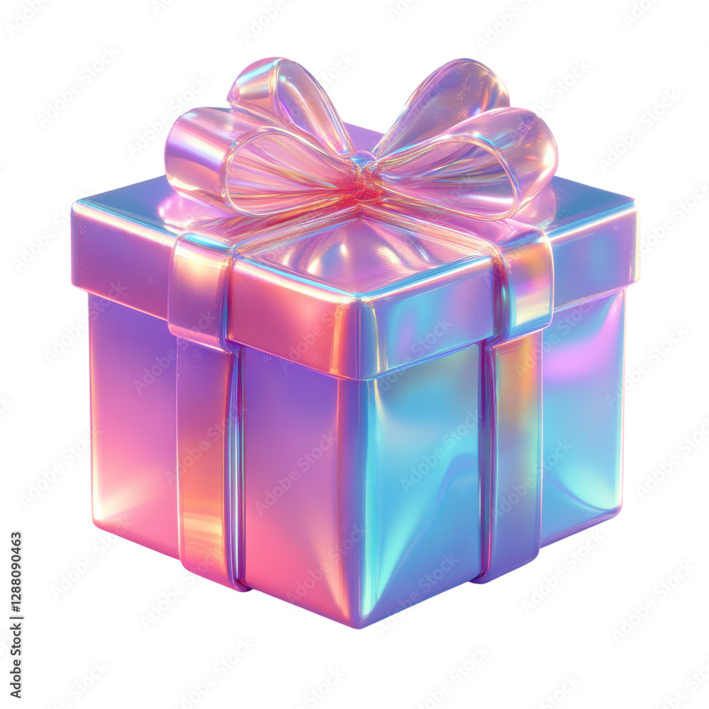 Obraz premium A colorful, glossy gift box adorned with a large bow, featuring a shimmering, iridescent finish, isolated on white background.