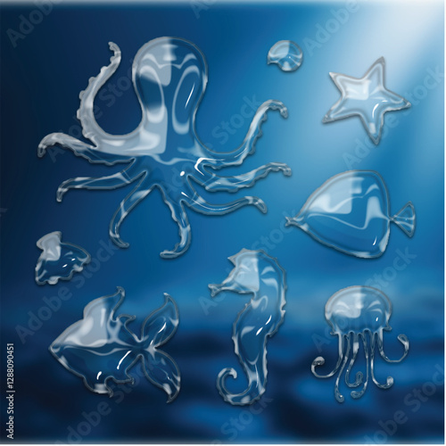 Transparent Glass Effect Underwater Animals Vector Illustration