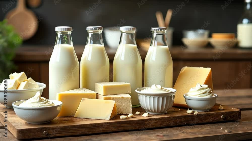 The bottles of milk are on a wooden table. There are also several pieces of cheese and a bowl of cream The bottles of milk are on a wooden table. There are also several pieces of cheese and a bowl of cream