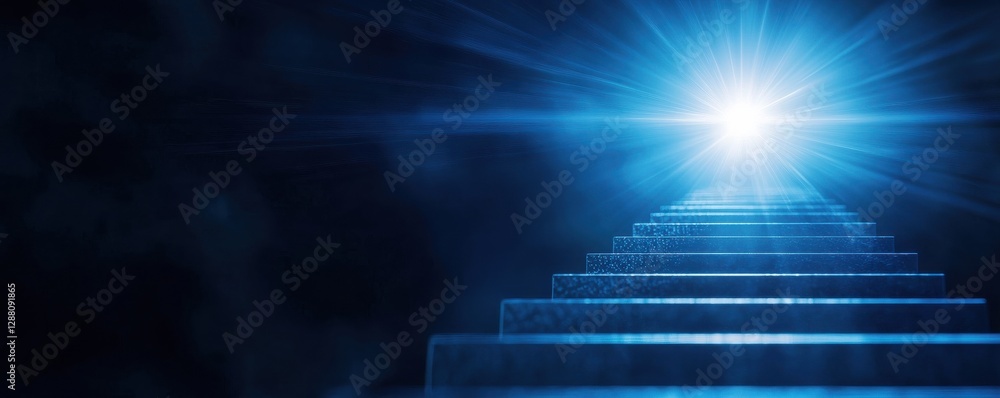 Obraz premium A bright blue light illuminates a staircase, creating a mystical atmosphere that invites curiosity and wonder.