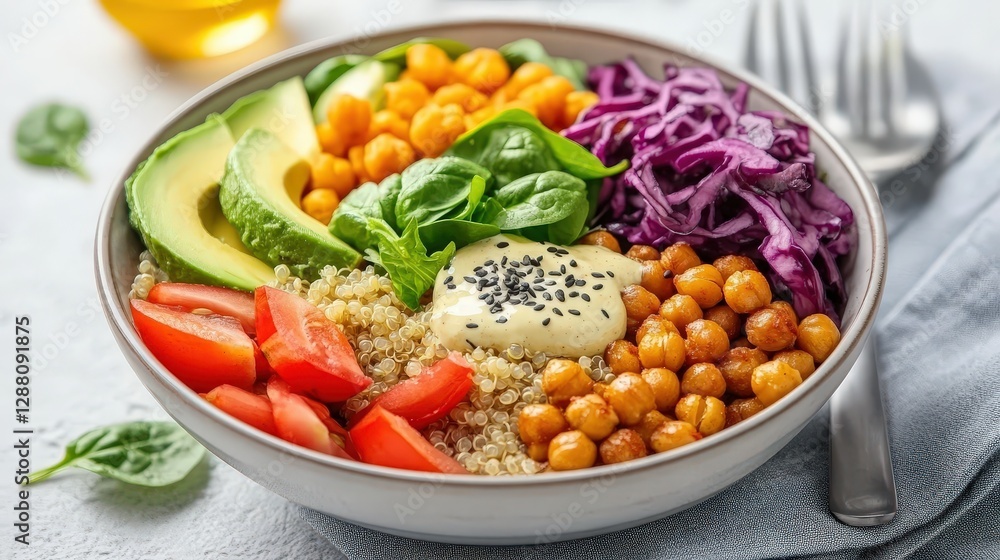 Vibrant Healthy Bowl with Quinoa, Chickpeas and Fresh Vegetables Vibrant Healthy Bowl with Quinoa, Chickpeas and Fresh Vegetables