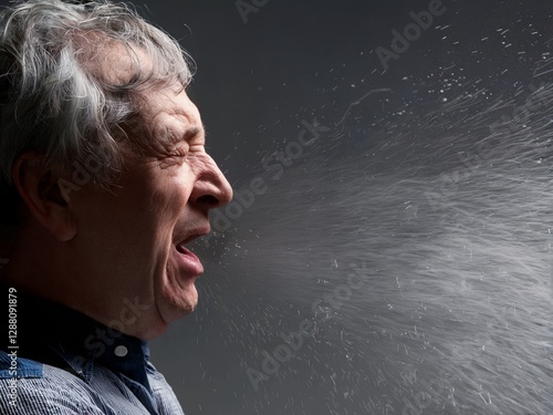 Man Sneezing Dramatically Highlighting Airborne Droplets in Profile View