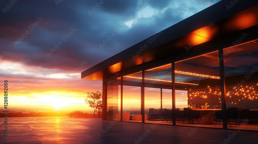 A modern structure glows warmly against a dramatic sunset backdrop, with clouds enhancing the serene atmosphere. A modern structure glows warmly against a dramatic sunset backdrop, with clouds enhancing the serene atmosphere.
