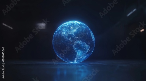 A table with a dark background features a vibrant hologram of the globe, depicted in neon graphics and set against a predominantly blue hue