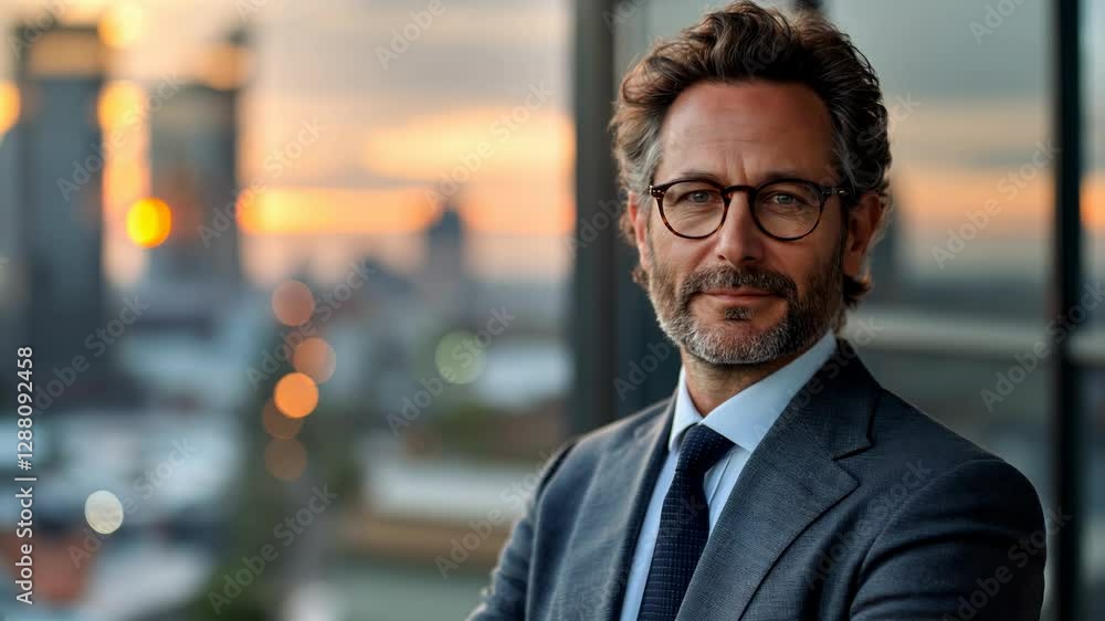 A businessman poses with assurance against a backdrop of a vibrant skyline as the sun sets. His expression reflects determination and success in a dynamic urban environment. A businessman poses with assurance against a backdrop of a vibrant skyline as the sun sets. His expression reflects determination and success in a dynamic urban environment.