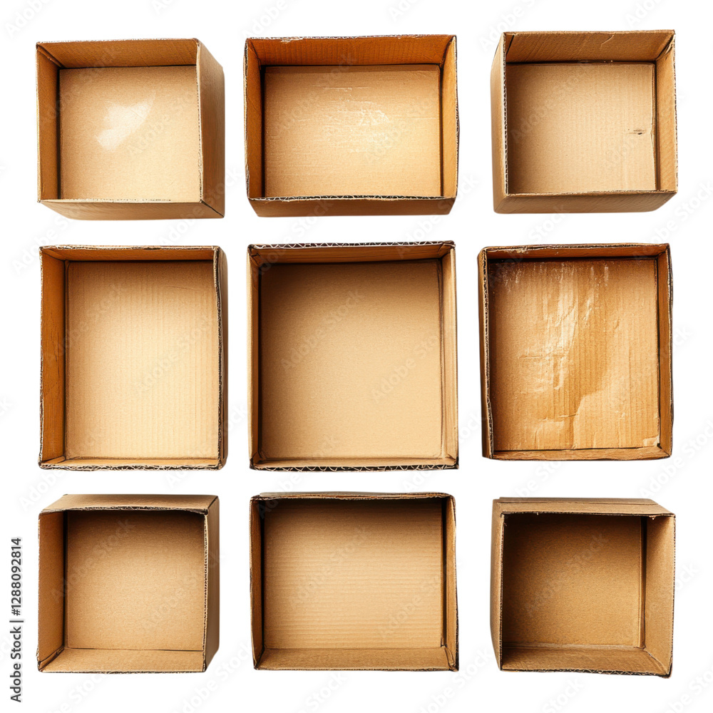 Fototapeta premium A grid of nine empty cardboard boxes arranged in a square pattern, showcasing their simple design and varying sizes, isolated on white background.
