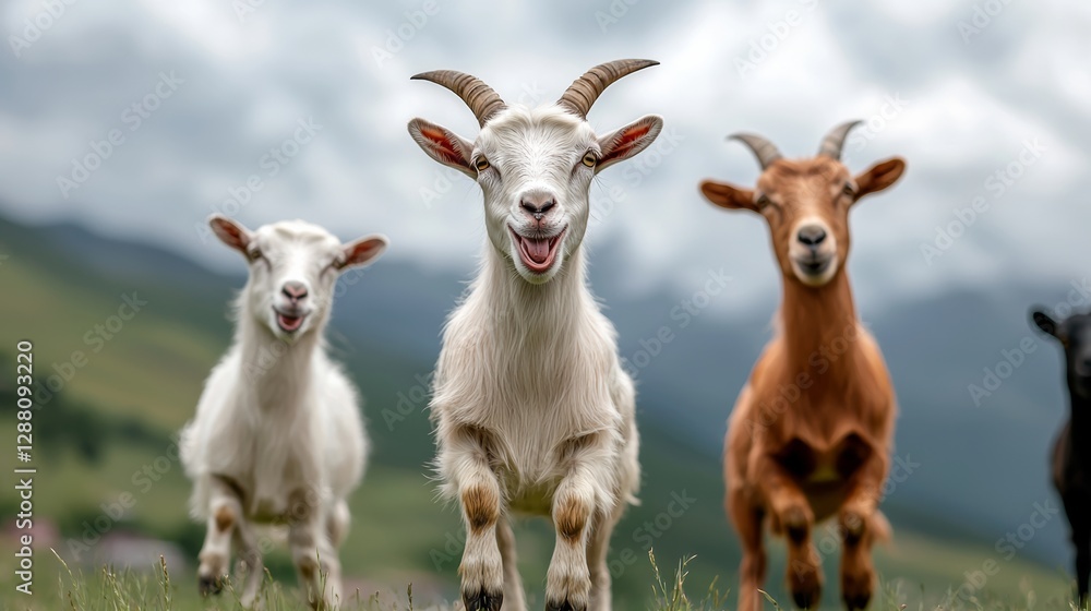 Three goats are standing in a field, with one of them being brown. The goats are all smiling and seem to be enjoying their time together