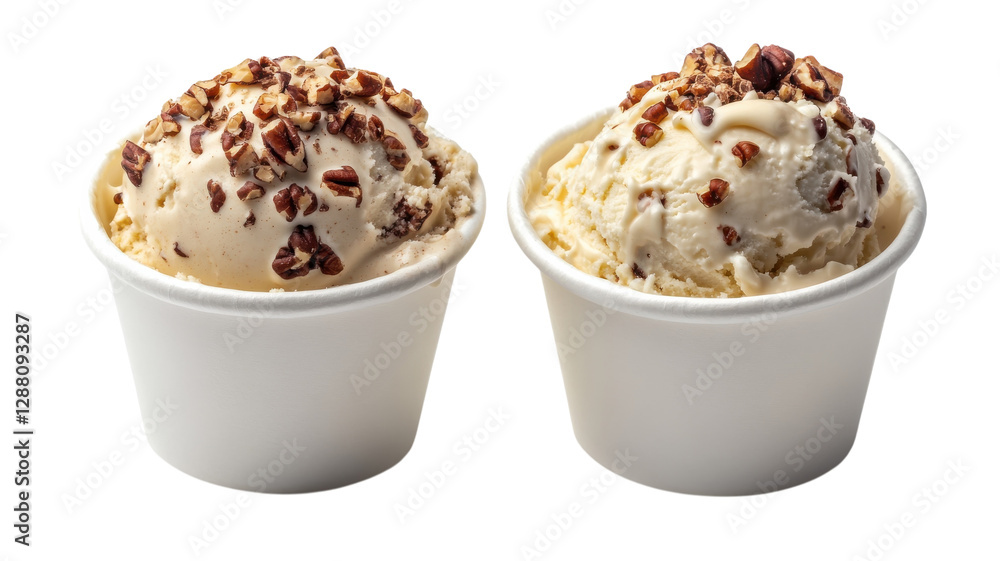 Enjoying creamy ice cream topped with crunchy pecans served in disposable cups Enjoying creamy ice cream topped with crunchy pecans served in disposable cups