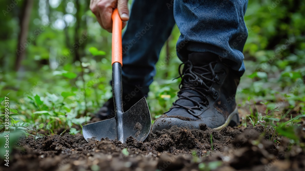 Close-up of a person using a shovel to dig in a garden, blurred green grass in the background Close-up of a person using a shovel to dig in a garden, blurred green grass in the background