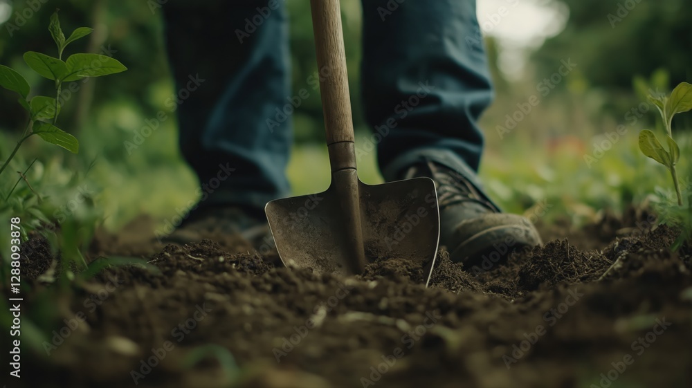 Close-up of a person using a shovel to dig in a garden, blurred green grass in the background Close-up of a person using a shovel to dig in a garden, blurred green grass in the background