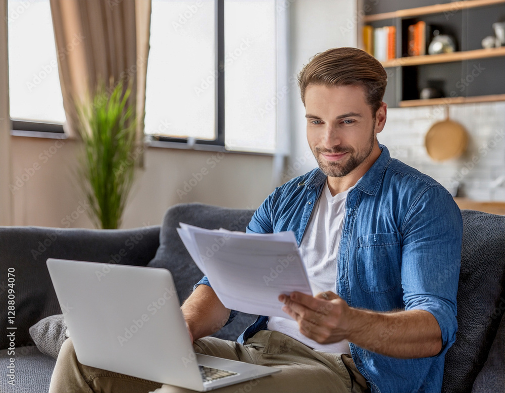 man working on laptop computer satisfied guy handsome with documents at home couch sitting on sofa in living room house man working on laptop computer satisfied guy handsome with documents at home couch sitting on sofa in living room house