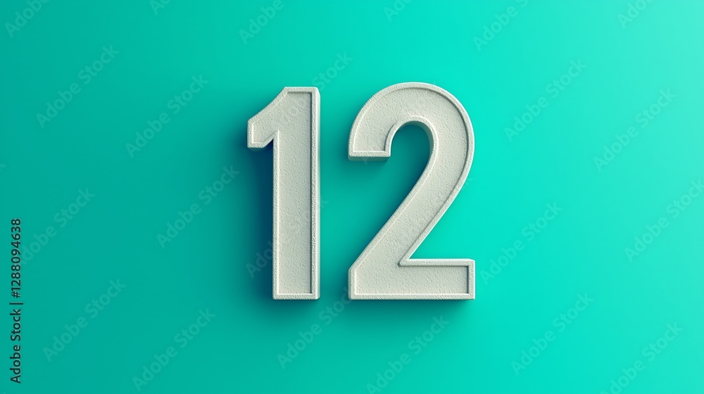 A three-dimensional representation of the number 12 against a vibrant teal background. A three-dimensional representation of the number 12 against a vibrant teal background.