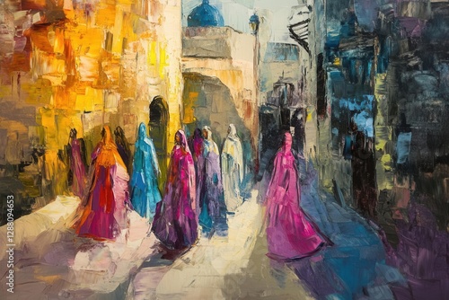 vibrant modern interpretation of biblical scene, dynamic brush strokes depicting robed figures in ancient jerusalem streets, rich jewel tones and expressive movement