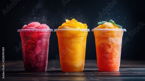 digital advertising, food and drink photography, refreshing 3 slushys in plastic cups, 3 different cup sizes - medium, large and extralarge, dark background, photo