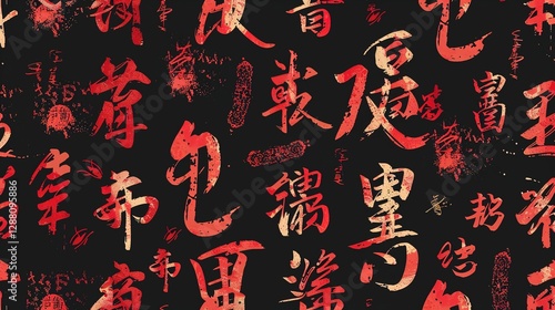 Chinese traditional calligraphy seamless pattern with asian hieroglyph symbols, artistic brush strokes, cultural heritage, vintage ink design, and oriental typography